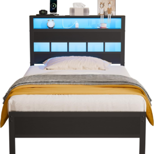 Furnulem Twin Bed Frames with Charging Station and LED Lights