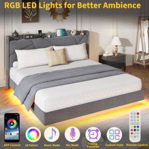 Garvee Queen Size Floating Bed Frame with RGB LED Lights and Charging Station